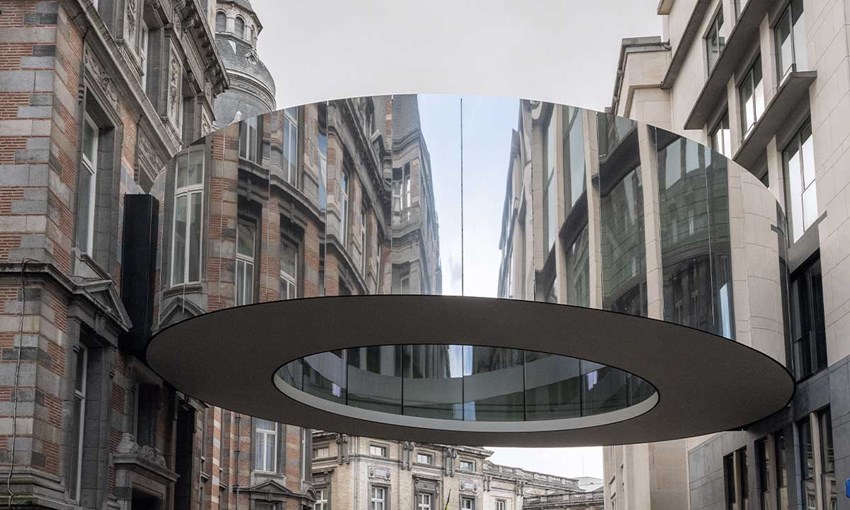 Circular skybridge.. Concept connecting two parts to collaborate through a building's lifecycle