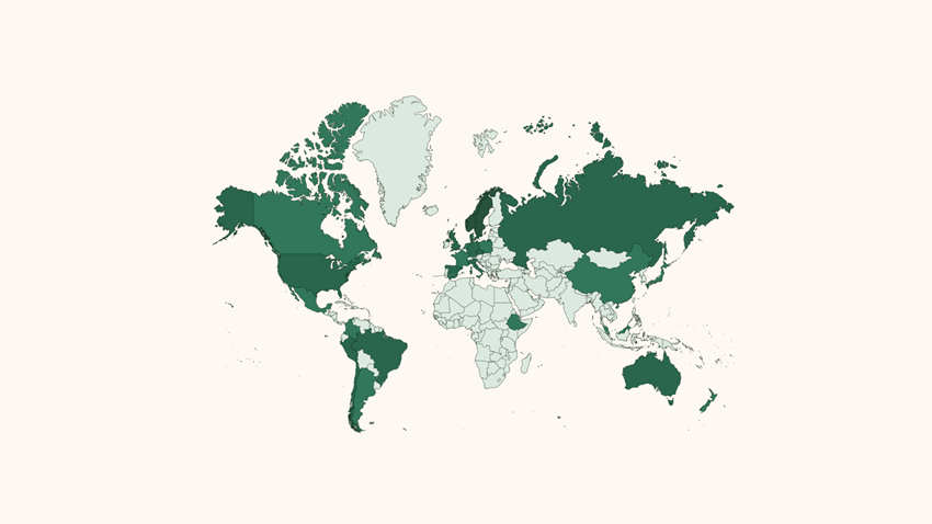 Global map highlighting countries with Building Information Modeling (BIM) adoption in public construction.