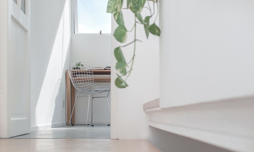 Desk by a window letting in daylight. Plant in the foreground. Concept designing sustainable and healthy environments