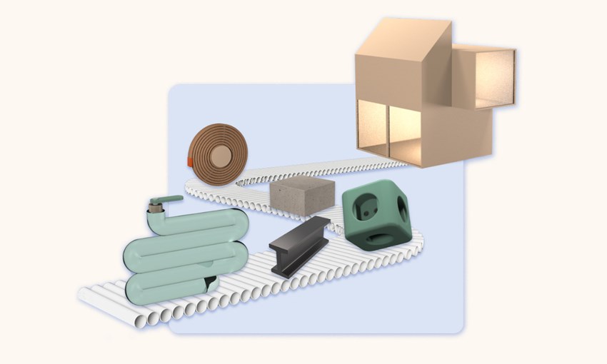 Illustration of BIM objects moving into a BIM model