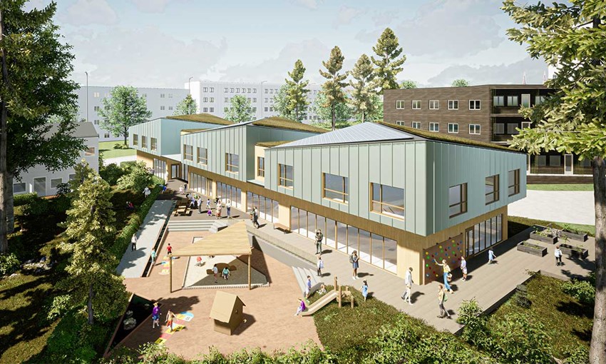 Przedszkole Tallbohov w Järfälla, Wielki Sztokholm, Szwecja. Projekt został opracowany przez Tyréns i Gröna Skolfastigheter dla gminy Järfälla.