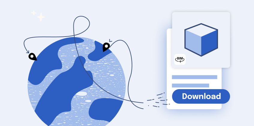 Illustration of a globe with BIM product downloads around the world