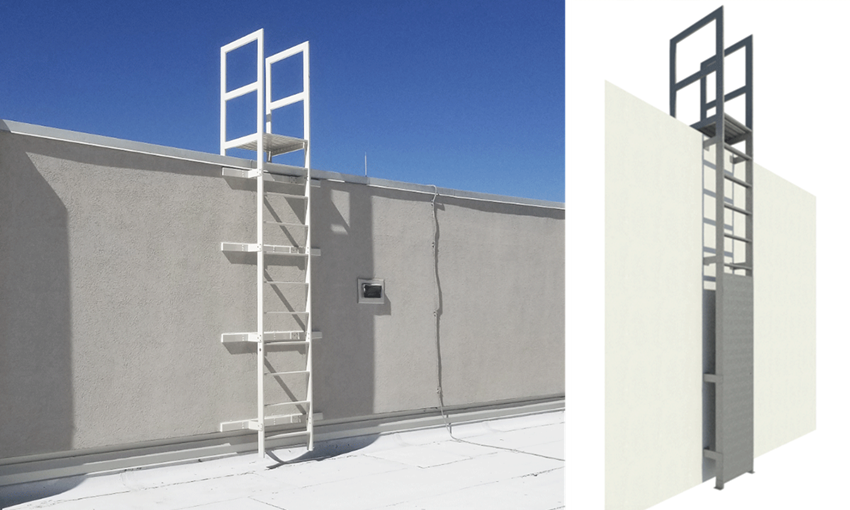 Drabiny Precision Ladders' Heavy Duty Fixed Aluminum Wall Ladders przedstawione jako obiekty fizyczne i cyfrowe.