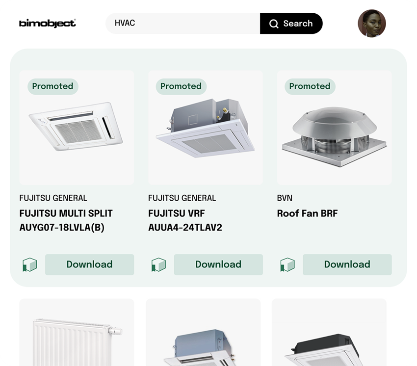 Screenshot of promoted products on BIMobject.com platform