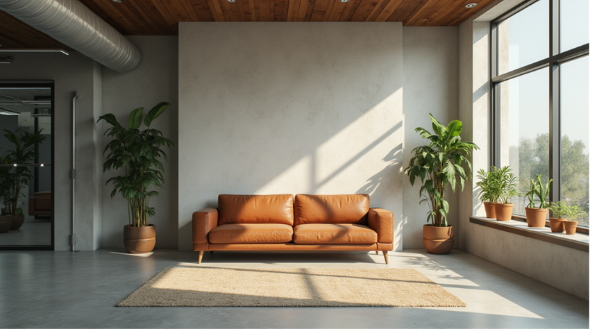 Digitally rendered interior with leather sofa and potted plants, illustrating BIM-modeled furniture in architectural design.