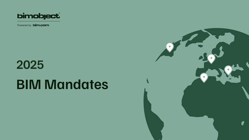 BIMobject 2025 BIM mandates graphic showing global map pins indicating countries adopting BIM requirements.